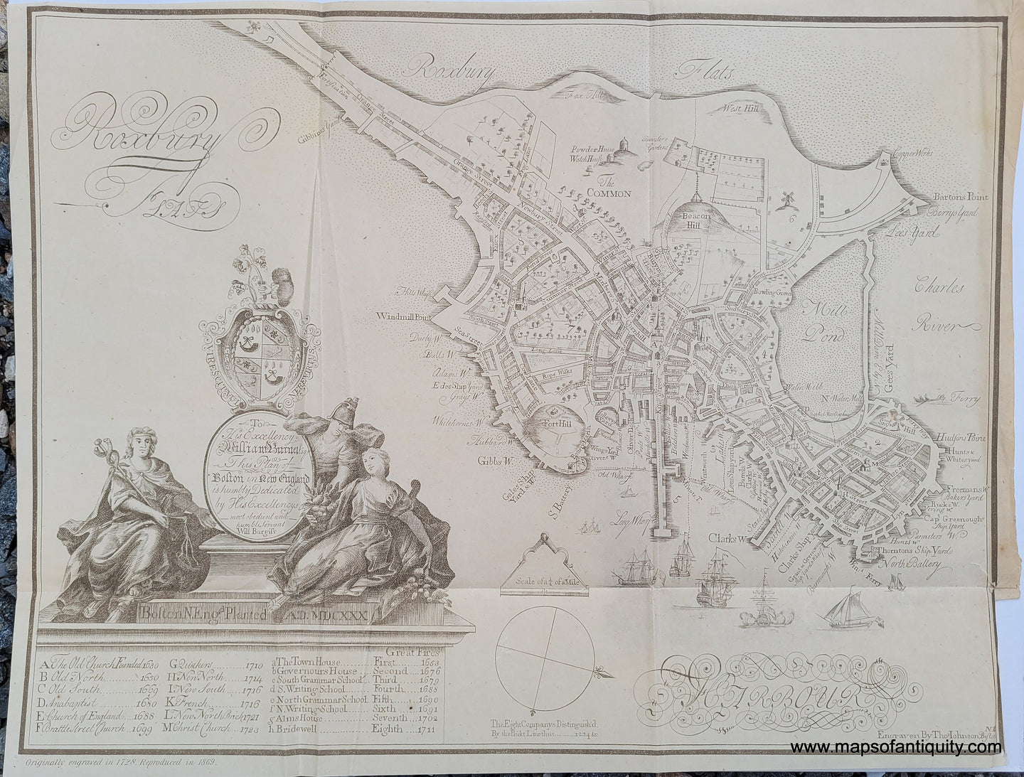 Genuine-Antique-Map-To-his-excellency-William-Burnet-esqr--this-plan-of-Boston-in-New-England-is-humbly-dedicated-by-his-excellencys-most-obedient-and-humble-servant-Will-Burgiss-1869-Burgiss-Johnson-Maps-Of-Antiquity