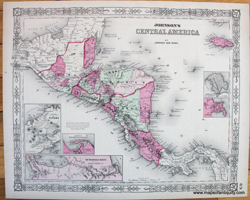 Antique-Map-Johnson's-Central-America-Nicaragua-Panama-Canal-1864-johnson-ward-1860s-1800s-19th-century-Maps-of-Antiquity