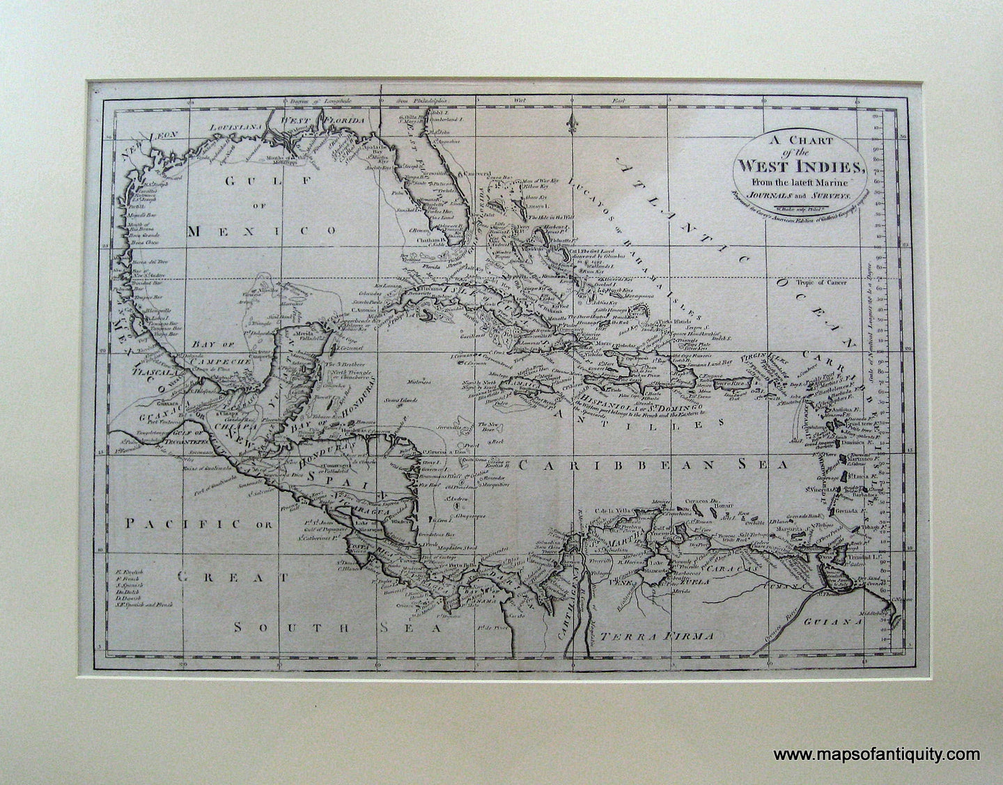 Black-and-White-Antique-Map-A-Chart-of-the-West-Indies.-From-the-Latest-Marine-Journals-and-Surveys.-**********-Central-America-and-Caribbean-West-Indies-1796-Mathew-Carey-Maps-Of-Antiquity