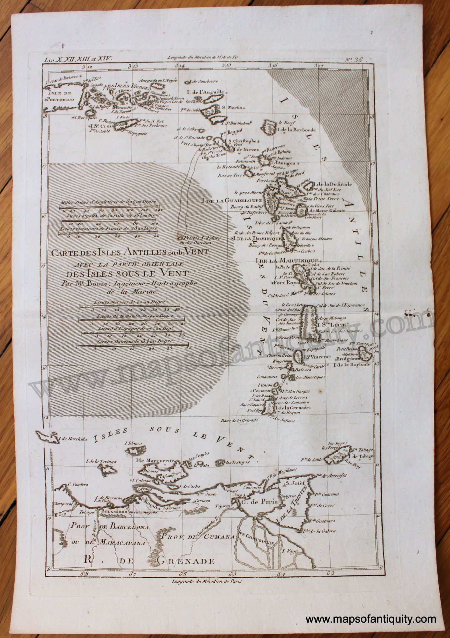Antique-Early-Map-Carte-des-Isles-Antilles-ou-du-Vent-avec-la-Partie-Orientale-des-Isles-sous-le-Vent-Caribbean-Bonne-1780-West-Indies-Windward-Leeward-Isles-1780s-1700s-Late-18th-Century-Maps-of-Antiquity