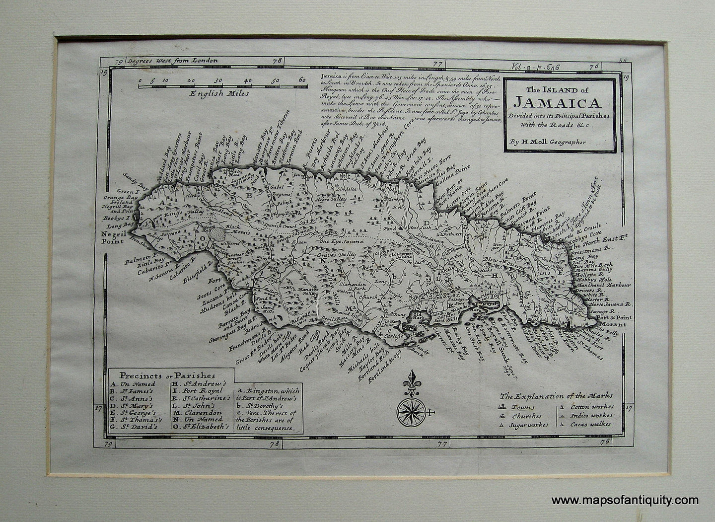 Black-and-White-Antique-Map-The-Island-of-Jamaica-Divided-into-its-Principal-Parishes-with-the-Roads-&c.--West-Indies-1732-(circa-1732)-Hermann-Moll-Maps-Of-Antiquity