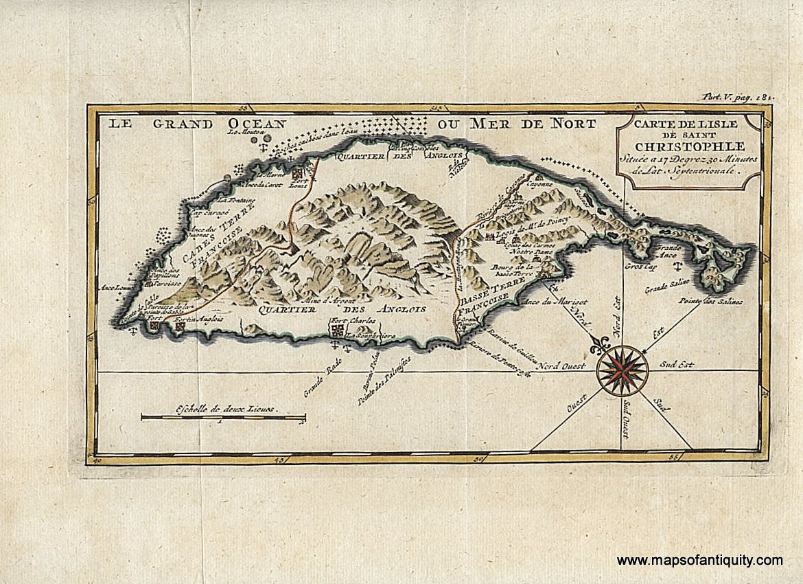 Antique-Hand-Colored-Map-Carte-De-L'Isle-de-Saint-Christophile--West-Indies-1724-Bellin-Maps-Of-Antiquity
