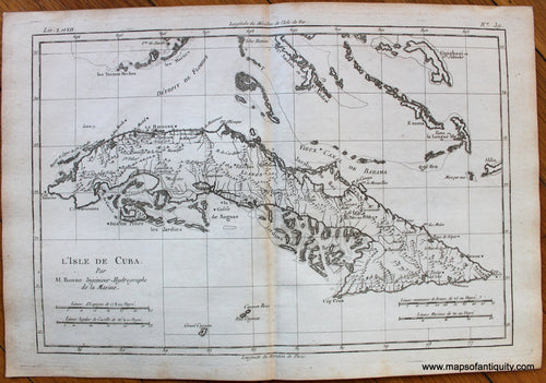 Antique-Early-Map-L'Isle-de-Cuba-Cuban-Caribbean-Raynal-and-Bonne-1780-1780s-1700s-Late-18th-Century-Maps-of-Antiquity