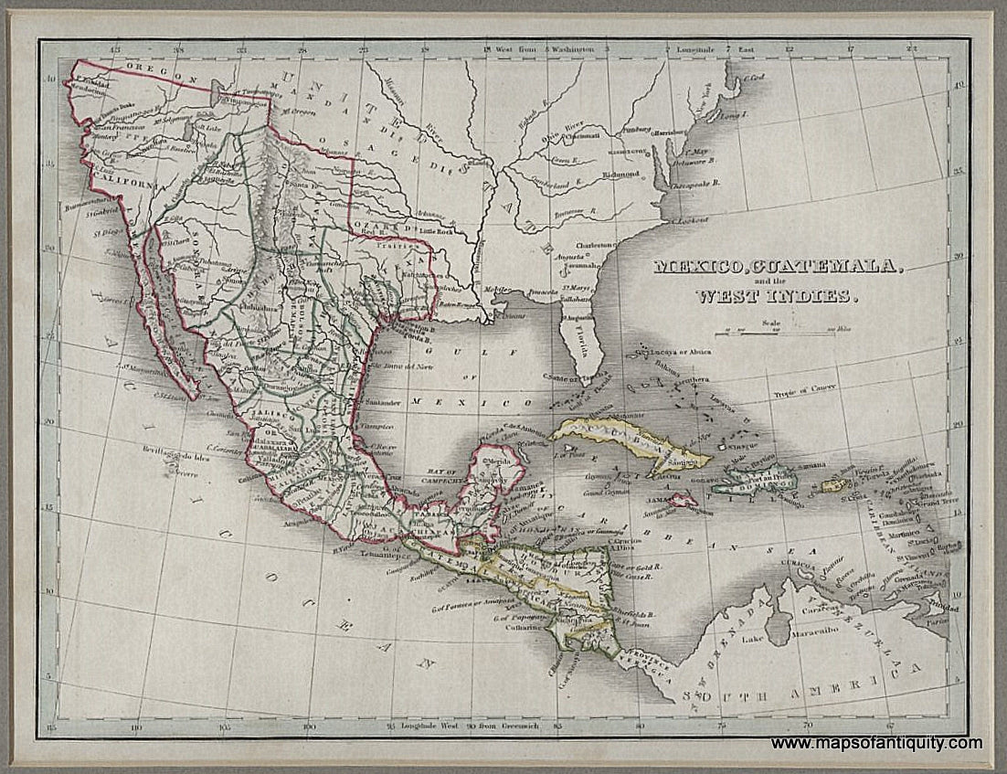 Antique-Hand-Colored-Map-Mexico-Guatemala-and-the-West-Indies.**********-Central-America-and-Caribbean--1835-Bradford-Maps-Of-Antiquity