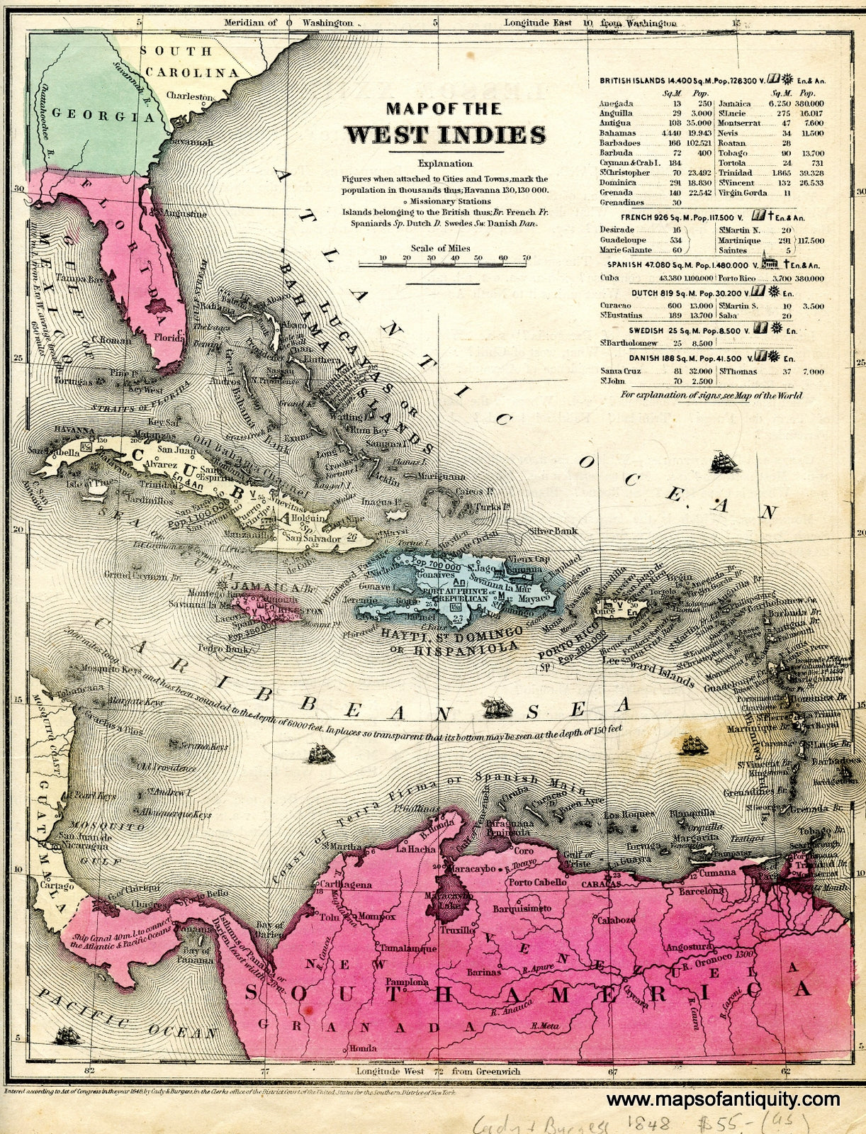 Antique-Hand-Colored-Map-Map-of-the-West-Indies-****-Central-America-and-Caribbean-West-Indies-1848-Cady-and-Burgess-Maps-Of-Antiquity