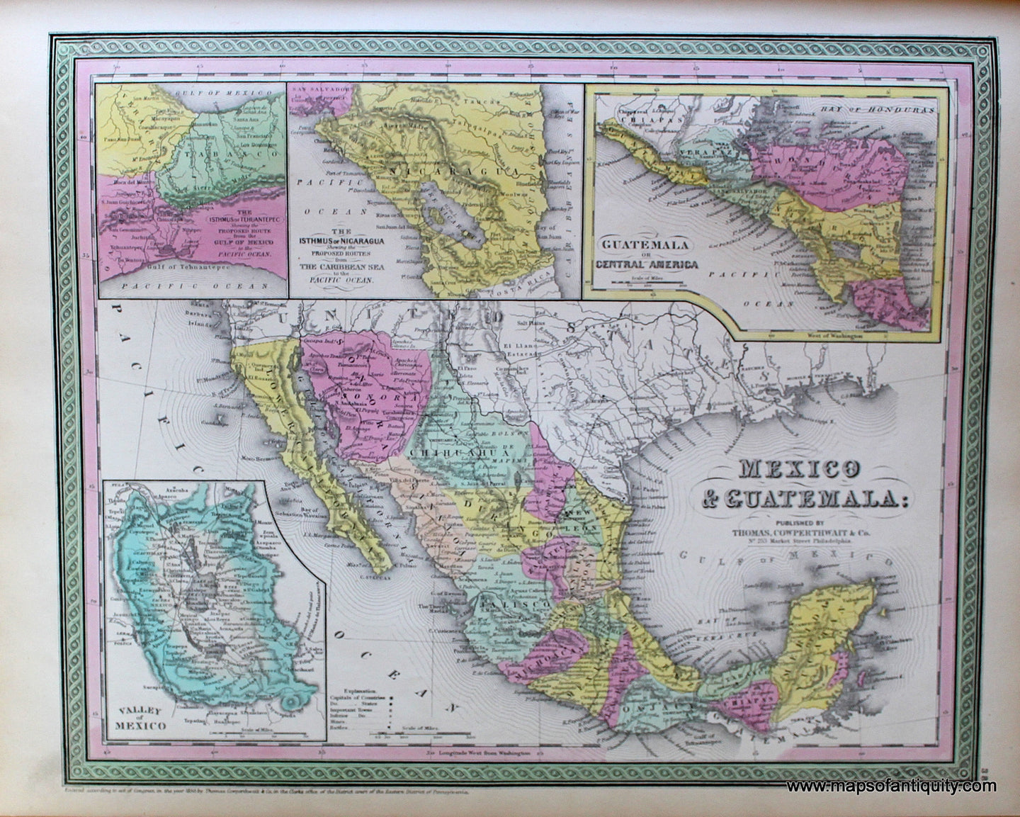 Antique-Hand-Colored-Map-Mexico-&-Guatemala-Mexico--1854-Mitchell-Maps-Of-Antiquity