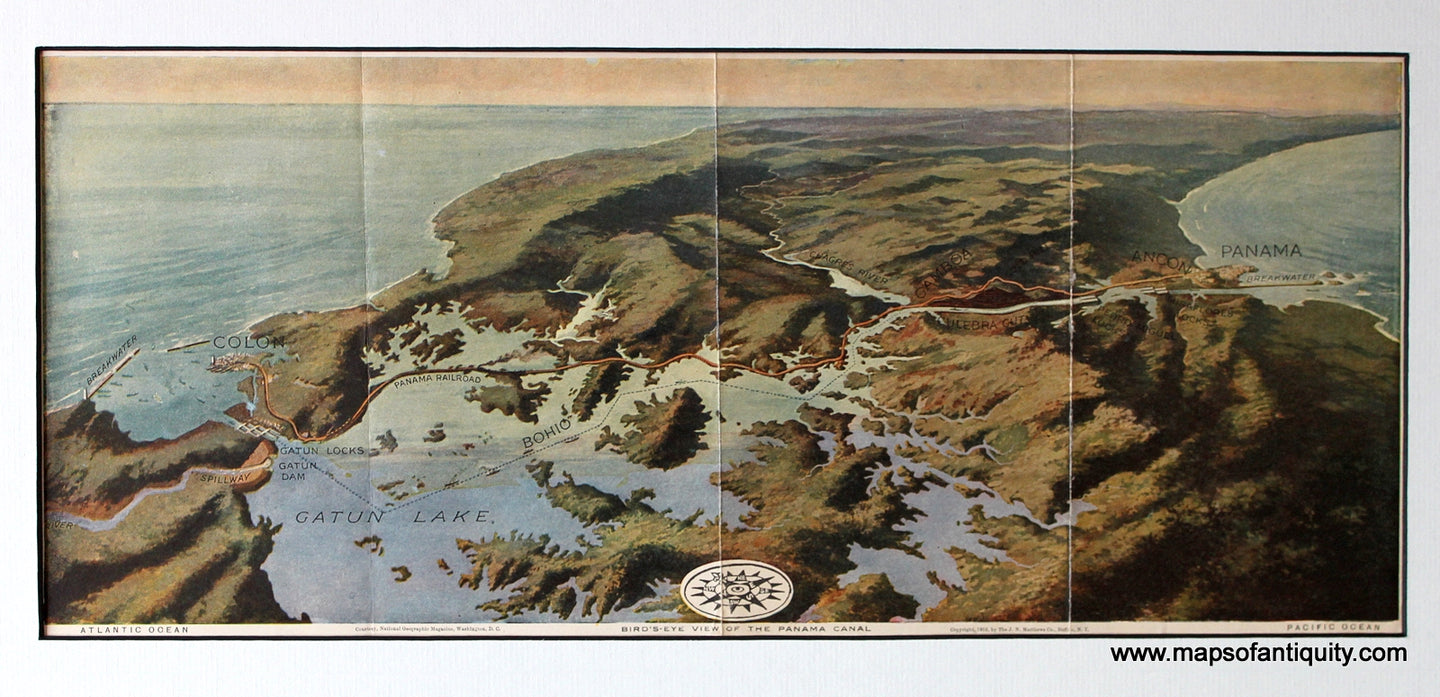 Antique-Chromolithograph-Bird's-Eye-View-of-the-Panama-Canal-Central-America-and-Caribbean--1913-Matthews-Maps-Of-Antiquity