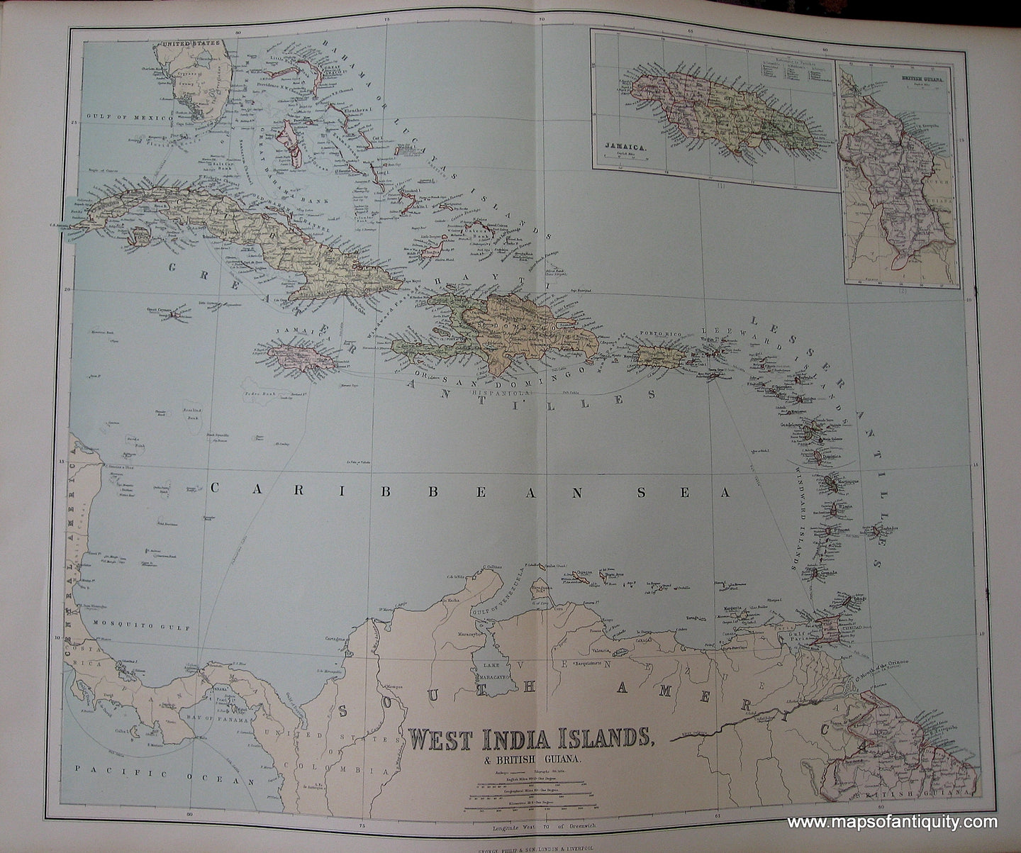 Antique-Map-West-India-Islands-&-British-Guiana-Central-America-and-Caribbean-West-Indies-1890-Philips-Maps-Of-Antiquity