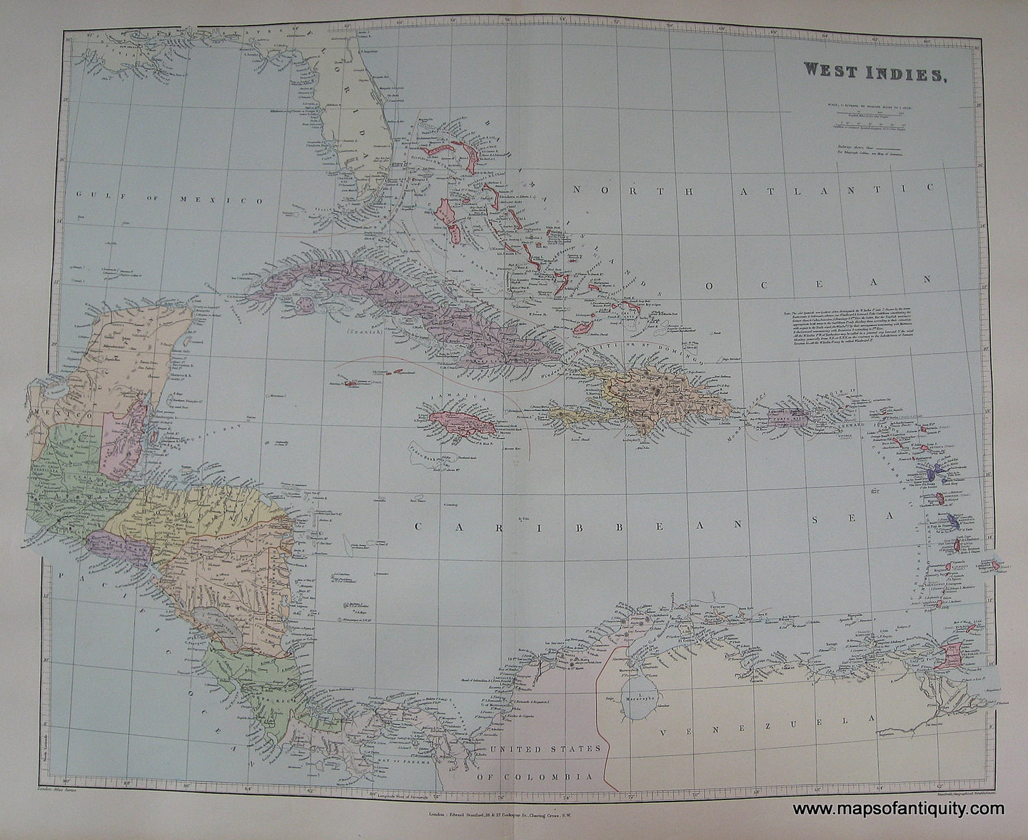 Antique-Hand-Colored-Map-West-Indies-****-Central-America-and-Caribbean-West-Indies-1894-Stanford-Maps-Of-Antiquity