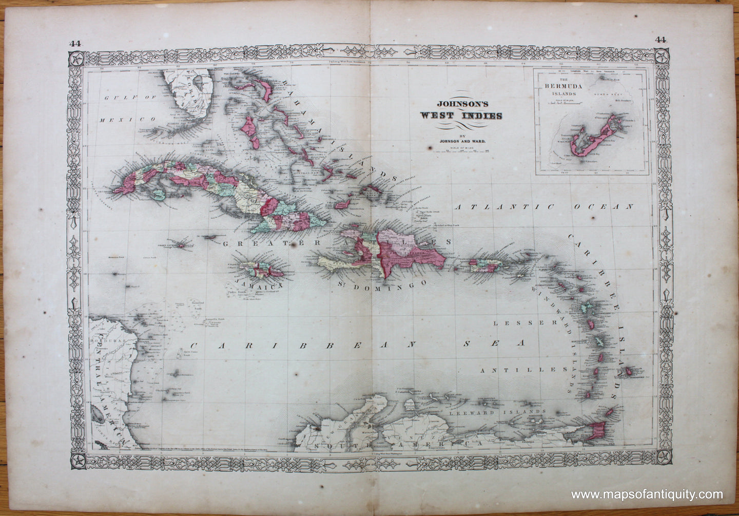 Antique-Map-West-Indies-Johnson-Ward-1864-Caribbean-1860s-1800s-19th-century