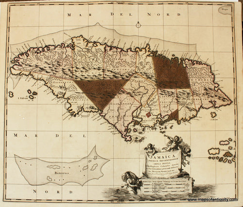 Antique-Hand-Colored-Map--Jamaica-Americae-Septentrionalis-Ampla-Insula-a-Christophoro-Columbo-detecta.-******-Central-America-and-Caribbean-West-Indies-1680-Visscher--Maps-Of-Antiquity