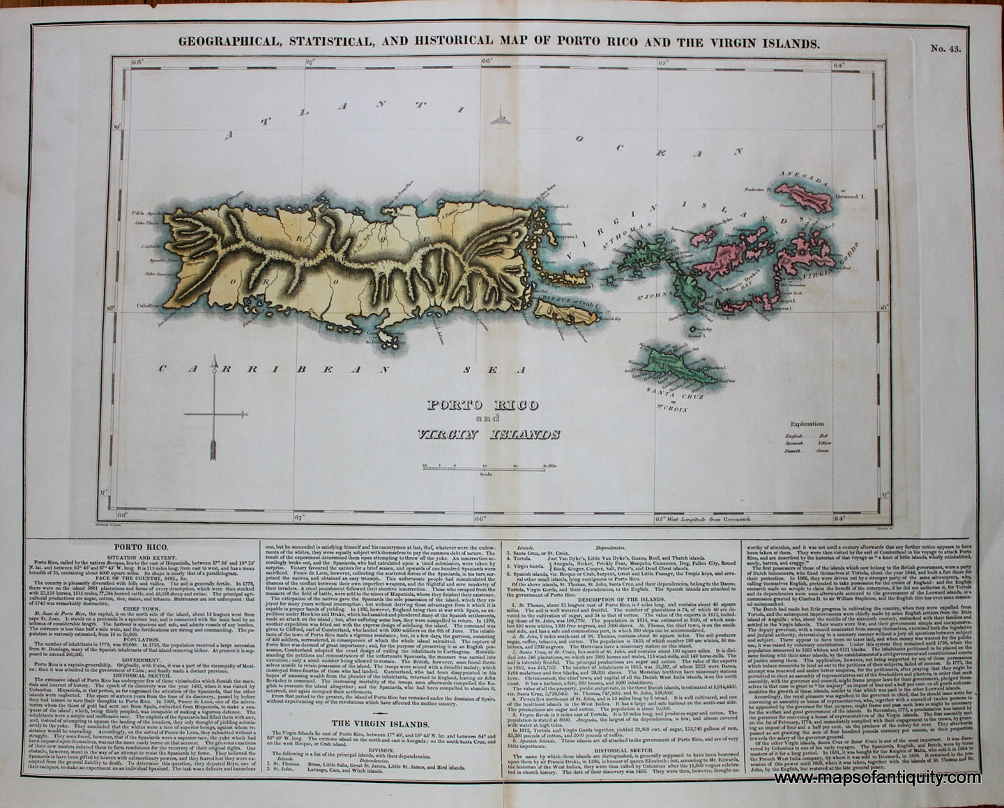 Antique-Hand-Colored-Map-Geographical-Statistical-and-Historical-Map-of-Porto-Rico-and-the-Virgin-Islands.**********-Central-America-and-Caribbean-West-Indies-1825-Carey-&-Lea-Maps-Of-Antiquity