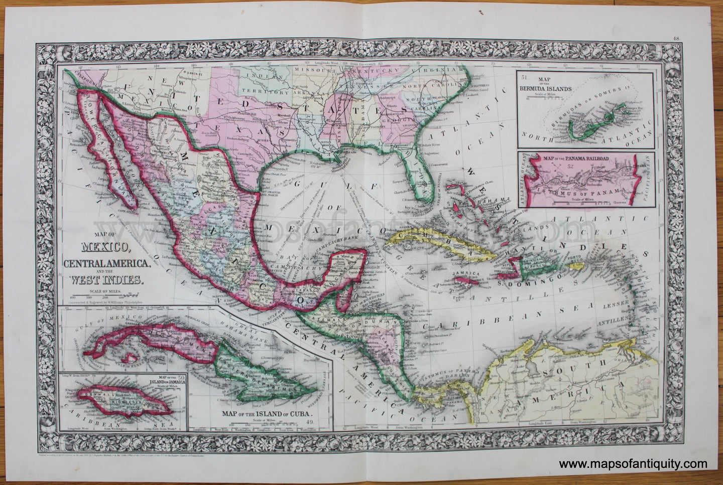 Antique-Map-Caribbean-Central-America-Florida-bermuda-panama-jamaica-cuba-mexico-west-indies-mitchell-1860-1800s-19th-century