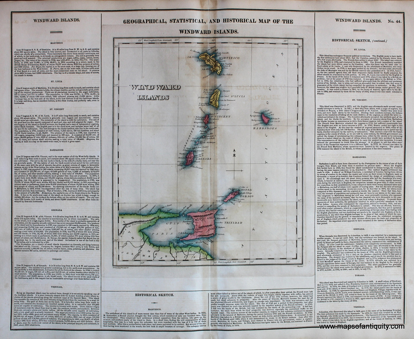 Antique-Hand-Colored-Map-with-Explanatory-Text-Geographical-Statistical-and-Historical-Map-of-The-Windward-Islands.-No.-44-West-Indies--1823-Carey-&-Lea-Maps-Of-Antiquity