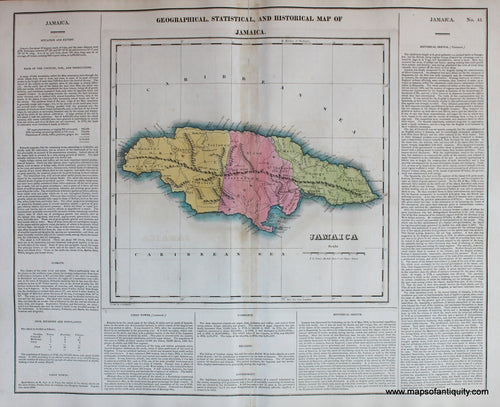 Antique-Hand-Colored-Map-with-Explanatory-Text-Geographical-Statistical-and-Historical-Map-of-Jamaica.-No.-41.-West-Indies--1823-Carey-&-Lea-Maps-Of-Antiquity