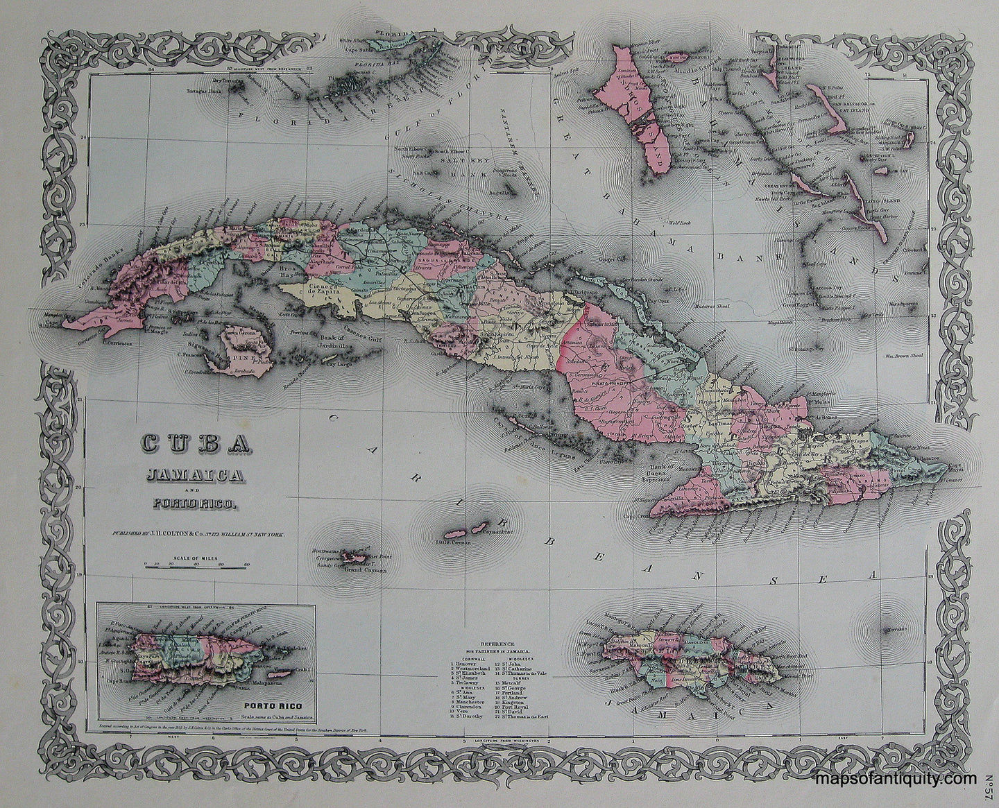Antique-Hand-Colored-Map-Colton's-Cuba-Jamaica-and-Porto-Rico.-**********-West-Indies--1855-Colton-Maps-Of-Antiquity