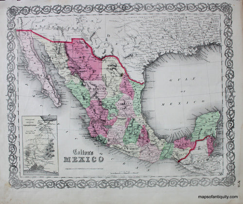 Antique-Hand-Colored-Map-Colton's-Mexico-Mexico--1854-Colton-Maps-Of-Antiquity