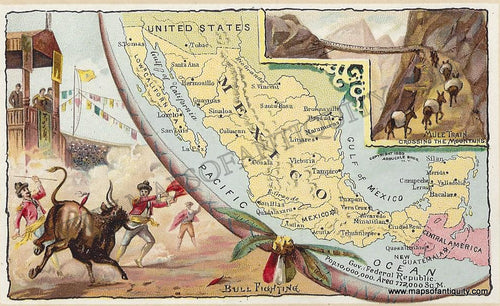 Antique-Chromolithograph-Map-Mexico-1890-Arbuckle-1800s-19th-century-Maps-of-Antiquity