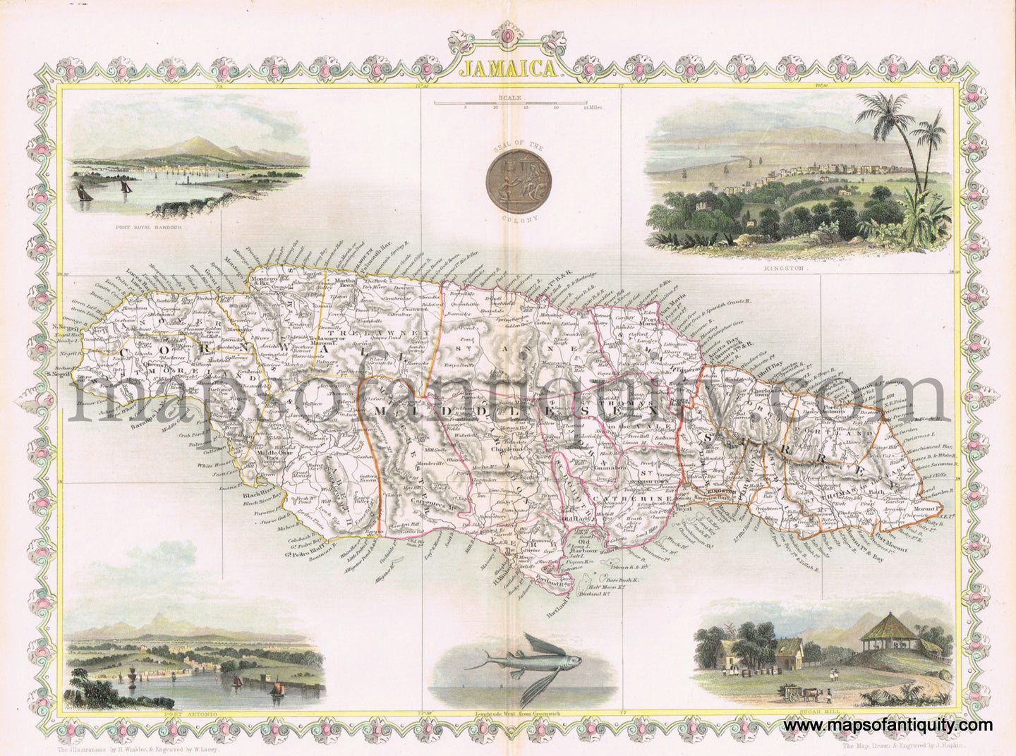 Antique-Hand-Colored-Map-Jamaica-Caribbean-&-Latin-America-Caribbean-1851-Rapkin-and-Tallis-Maps-Of-Antiquity