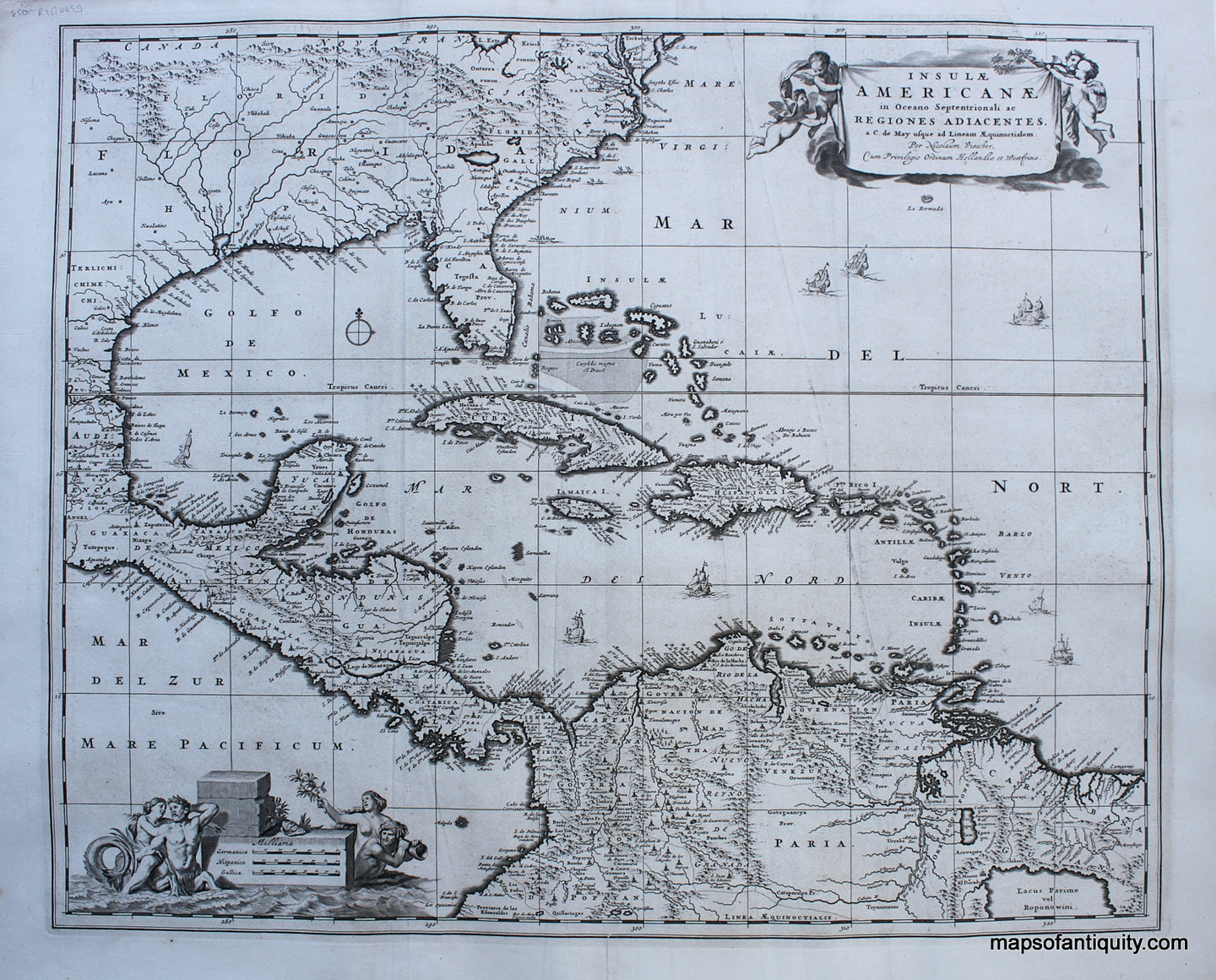 Black-and-White-Engraved-Antique-Map-Insulae-Americanae-in-Oceano-Septentrionali-ac-Regiones-Adiacentes-**********-Latin-America-Central-America-1690-Visscher-Maps-Of-Antiquity