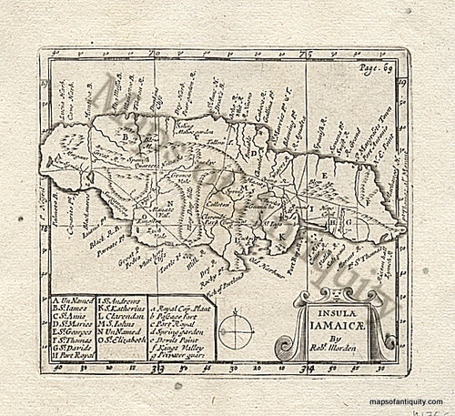 Black-and-White-Engraved-Antique-Map-Insula-Jamaicae-by-Robt.-Morden-Latin-America-Caribbean-1688-Morden-Maps-Of-Antiquity