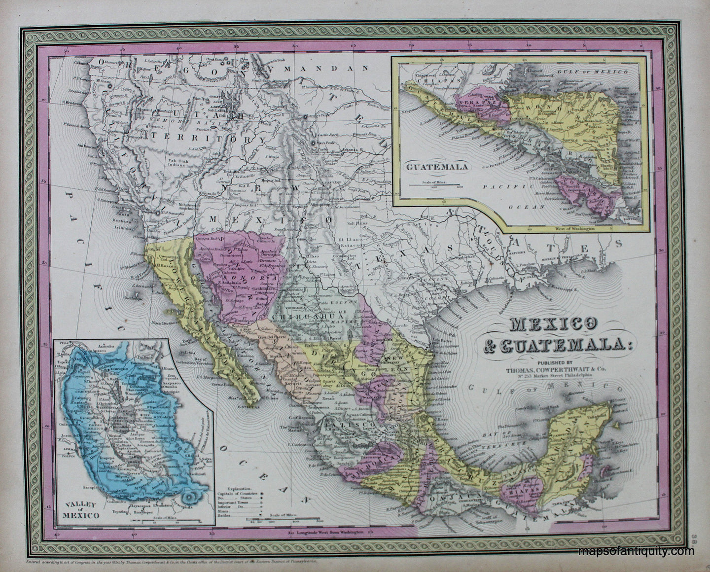 Antique-Hand-Colored-Map-Mexico-&-Guatemala.-Central-America-and-Caribbean--1850-Mitchell/Cowperthwait-Desilver-&-Butler-Maps-Of-Antiquity