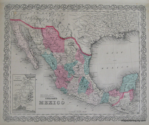 Antique-Hand-Colored-Map-Colton's-Mexico-Mexico--1871-Colton-Maps-Of-Antiquity