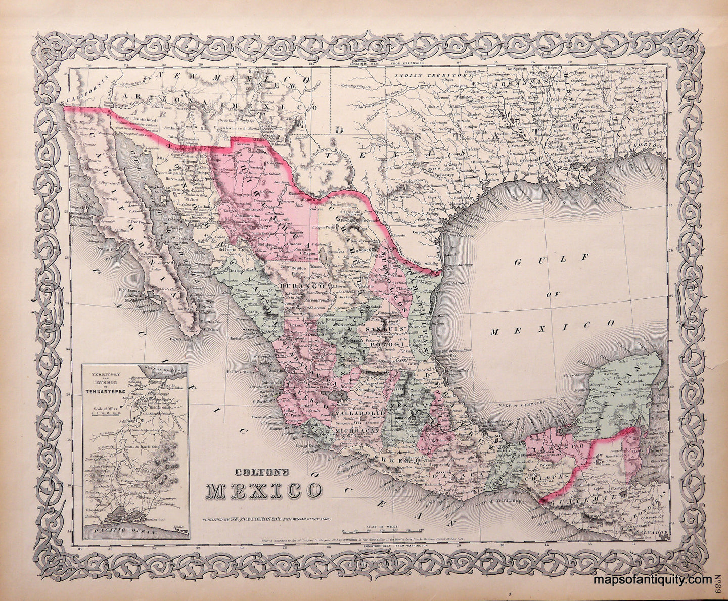 Antique-Hand-Colored-Map-Colton's-Mexico-Mexico--1873-Colton-Maps-Of-Antiquity