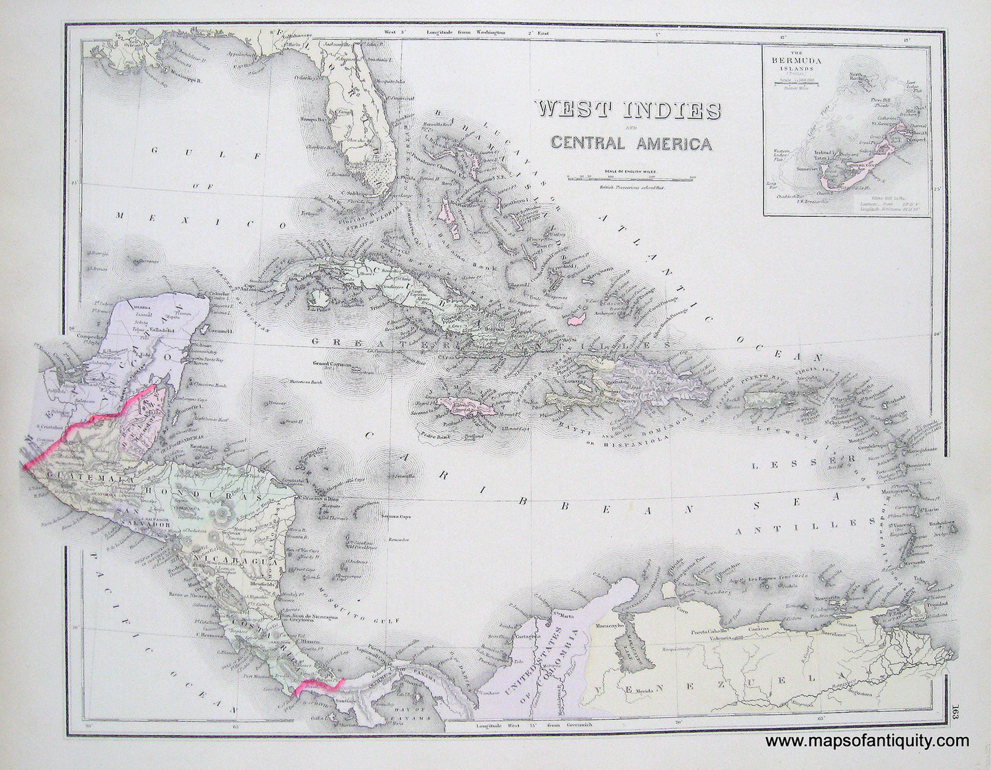 Antique-Hand-Colored-Map-West-Indies-and-Central-America-**********-Central-America-Caribbean-1884-Gray-Maps-Of-Antiquity
