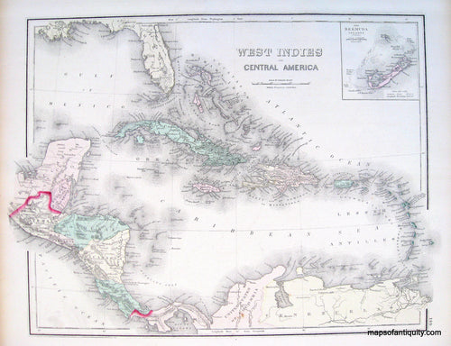 Antique-Hand-Colored-Map-West-Indies-and-Central-America-South-America--Central-America-Caribbean-1881-Gray-Maps-Of-Antiquity