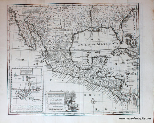 Antique-Black-and-White-Map-A-New-and-Accurate-Map-of-Mexico-or-New-Spain-together-with-California-New-Mexico-&c.-Central-America--c.-1747-Bowen-Maps-Of-Antiquity