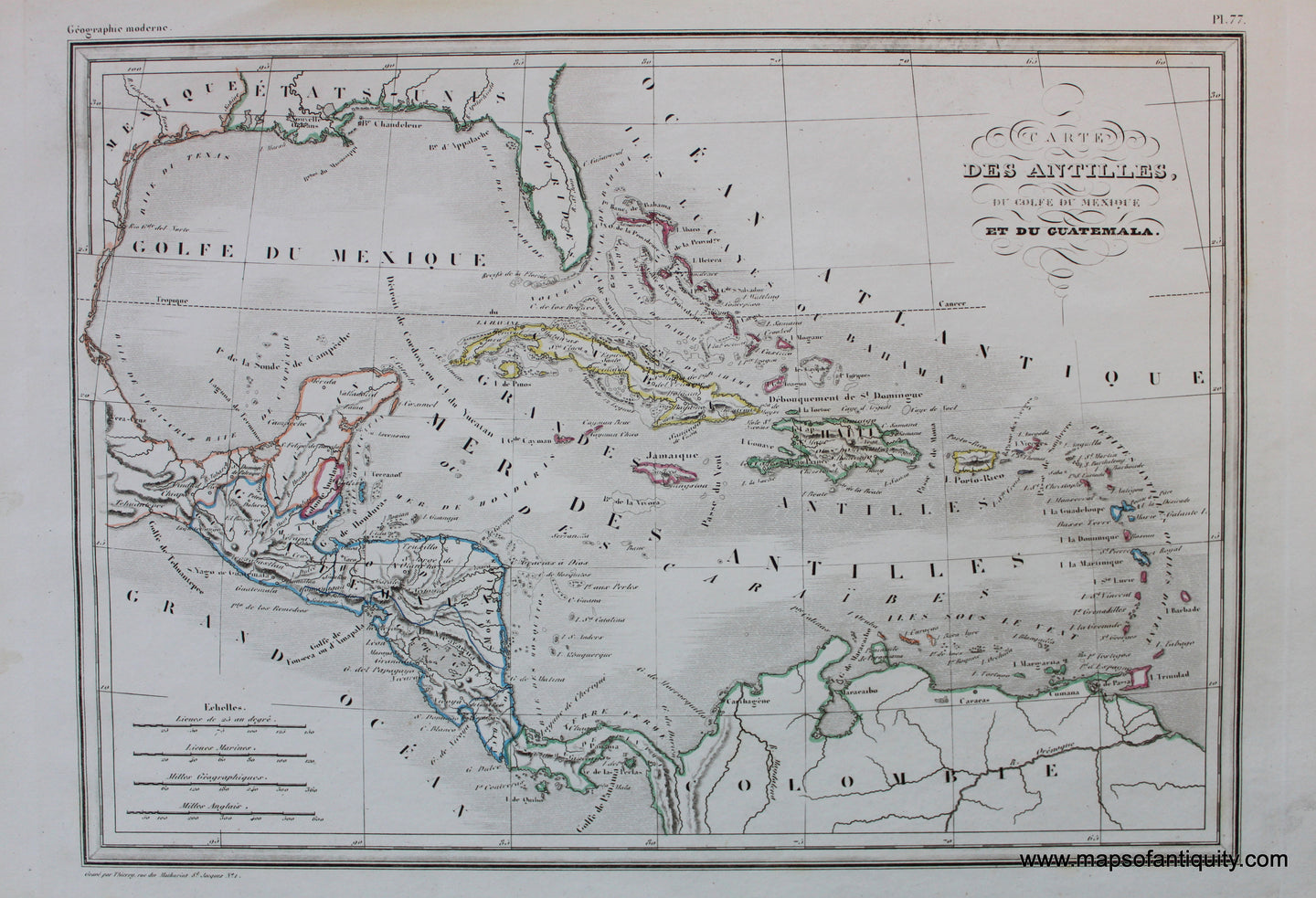 Antique-Hand-Colored-Map-Carte-Des-Antilles-du-Golfe-du-Mexique-et-du-Guatemala-Caribbean-&Latin-America-Central-America-1846-M.-Malte-Brun-Maps-Of-Antiquity