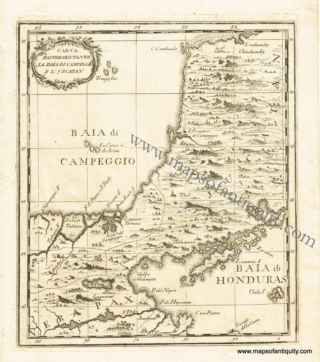 Antique-Uncolored-Map-Carta-Rappresentante-la-Bala-di-Campeggio-e-l'Jucatan-**********-Central-America--1763-Gazzettiere-Americano-Maps-Of-Antiquity