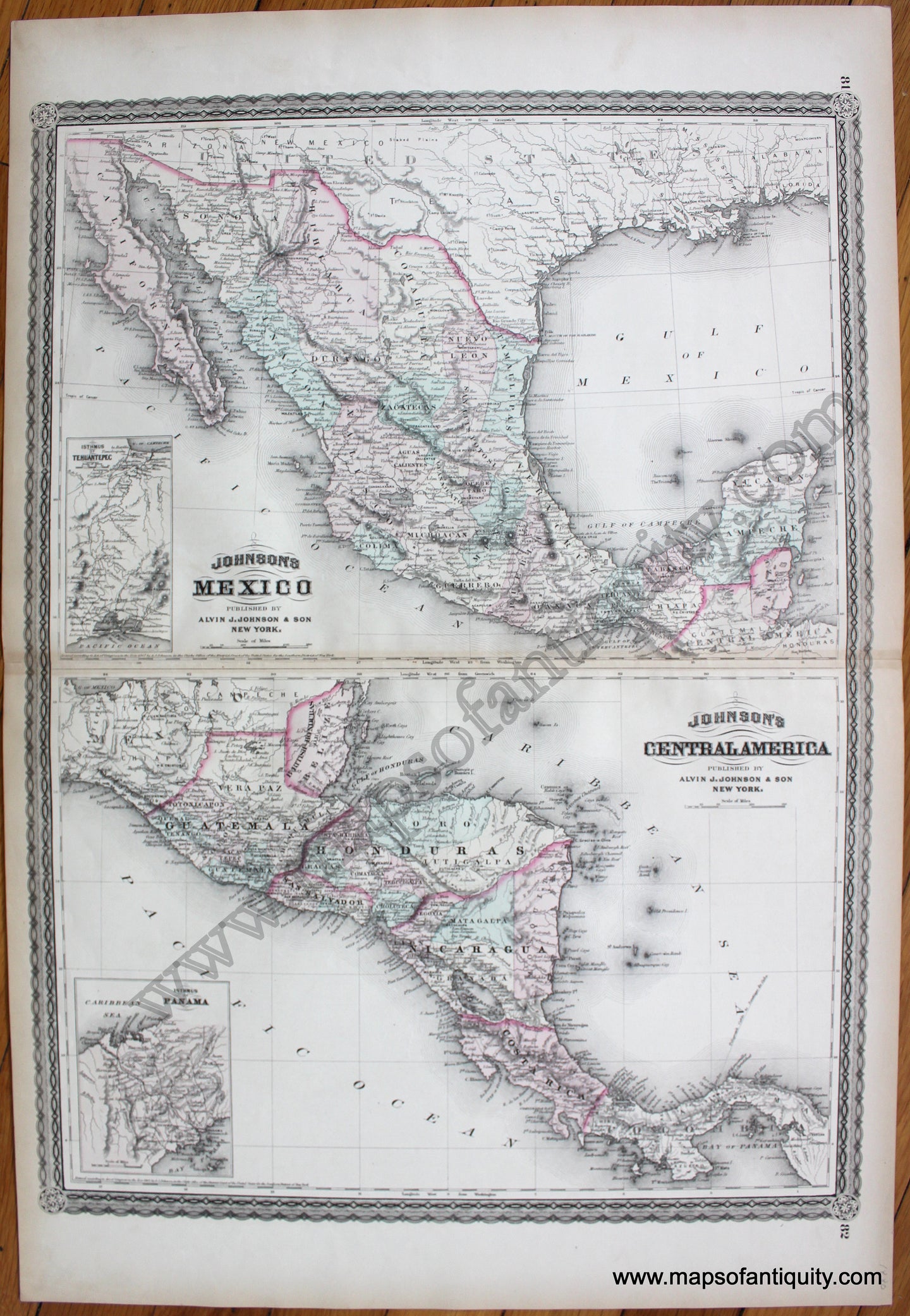 Antique-Hand-Colored-Map-Johnson's-Mexico-Johnson's-Central-America-1880-Alvin-J.-Johnson-&-Son-Mexico-1800s-19th-century-Maps-of-Antiquity