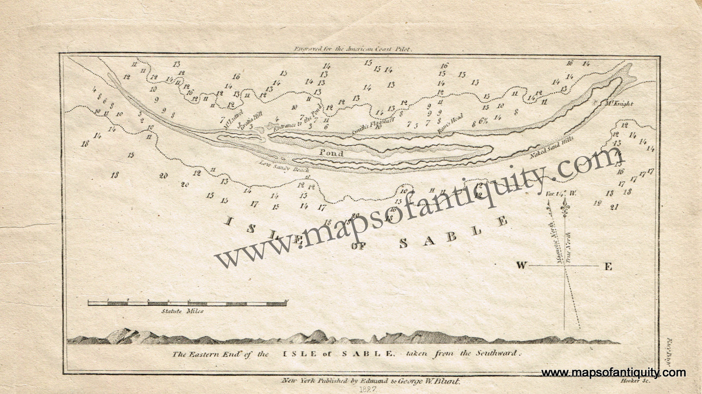 Antique-Nautical-Chart-The-Eastern-End-of-the-Isle-of-Sable-taken-from-the-Southward.--North-America-Canada-1827-Blunt-Maps-Of-Antiquity