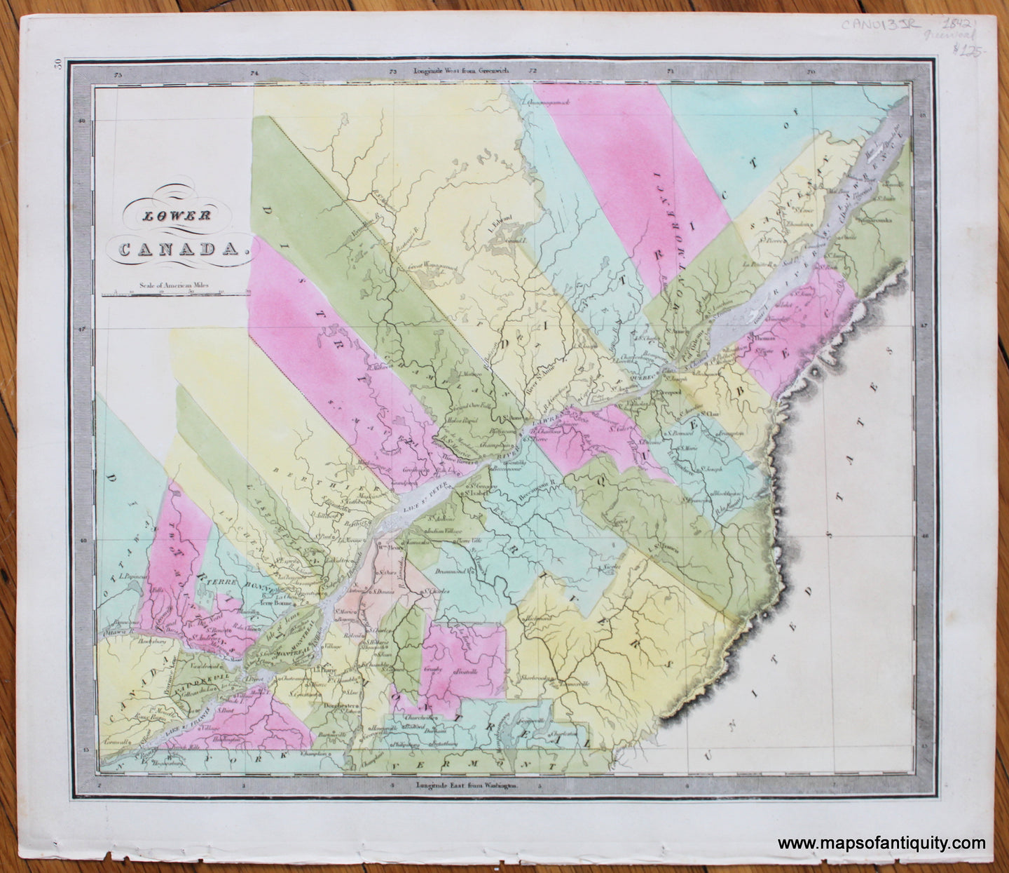 Antique-Hand-Colored-Map-Lower-Canada-North-America-Canada-1842-Jeremiah-Greenleaf-Maps-Of-Antiquity