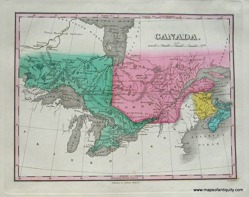 Antique-Hand-Colored-Map-Canada.-North-America-Canada-1827-Anthony-Finley-Maps-Of-Antiquity