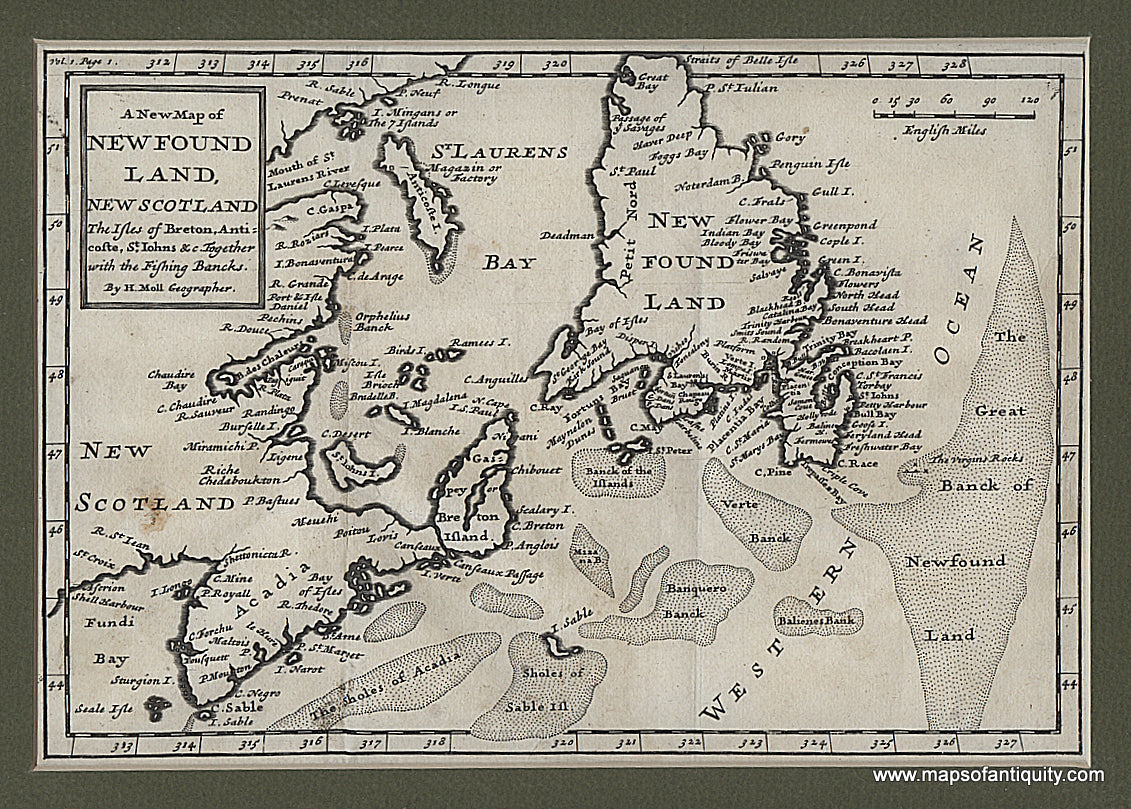 Black-and-White-Antique-Map-A-New-Map-of-Newfoundland-New-Scotland-the-Isles-of-Breton-Anticoste-St.-Johns-etc.**********-North-America-Canada-1708-Hermann-Moll-Maps-Of-Antiquity
