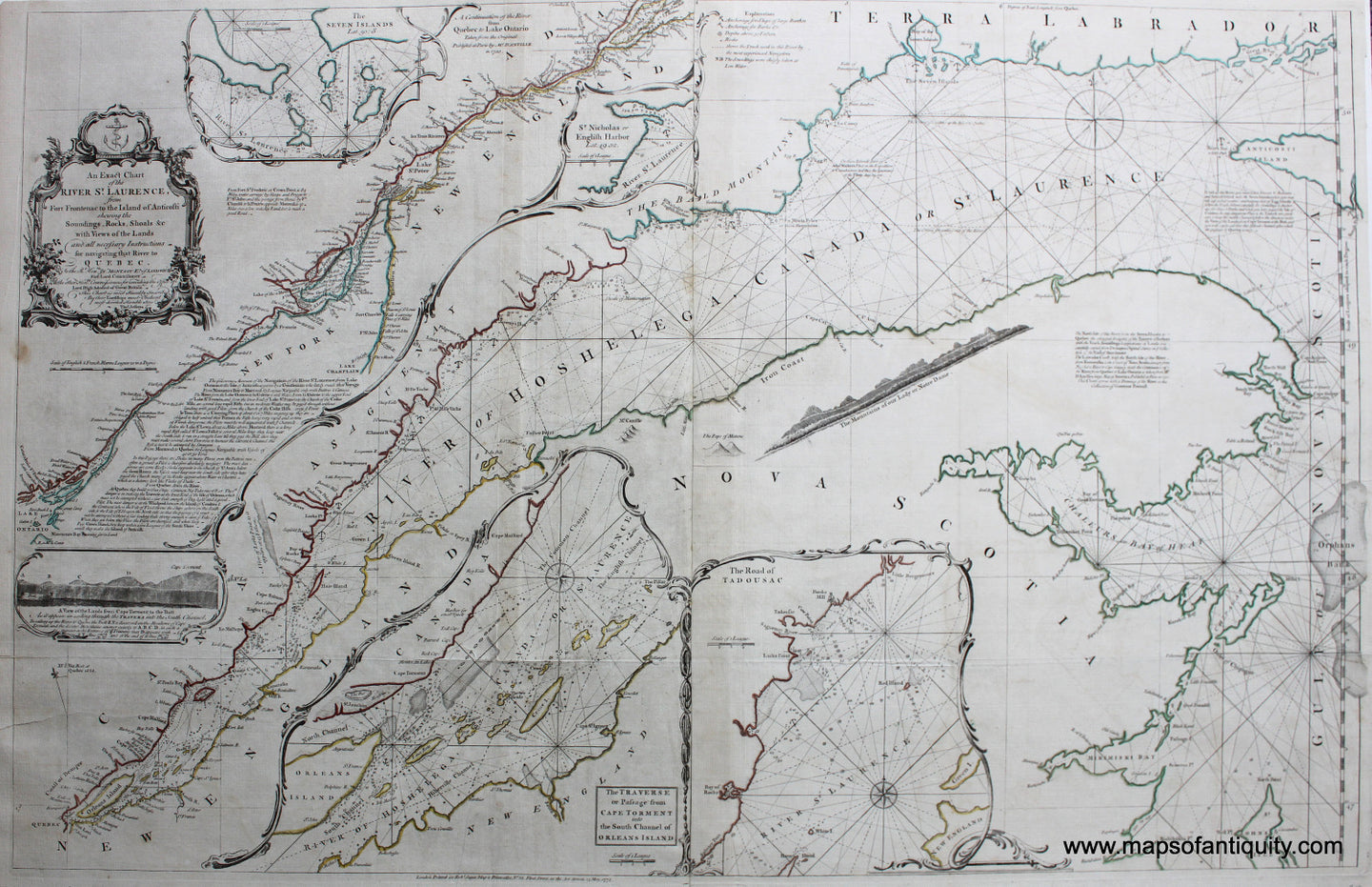 Antique-Hand-Colored-Map-An-Exact-Chart-of-the-River-St.-Lawrence-from-Fort-Frontenac-to-the-Island-of-Anticosti-shewing-the-Soundings-Rocks-Shoals-&c.-with-Views-of-the-Lands-and-all-necessary-Instructions-for-navigating-that-River-to-Quebec-North-America-Canada-1775-Jeffreys-Maps-Of-Antiquity