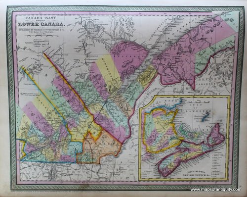 Antique-Hand-Colored-Map-Canada-East-Formerly-Lower-Canada.-North-America-Canada-1854-Mitchell/Cowperthwait-Desilver-&-Butler-Maps-Of-Antiquity