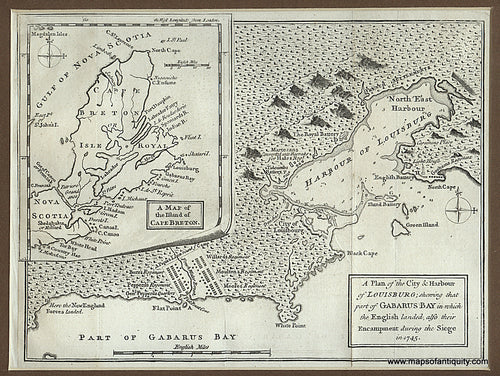 Black-and-White-Antique-Map-A-Plan-of-the-City-&-Harbour-of-Louisburg-shewing-that-part-of-Gabarus-Bay-in-which-the-English-landed-also-their-Encampment-during-the-Siege-in-1745.-North-America-Canada-1758-Gentlemen's-Magazine-Maps-Of-Antiquity