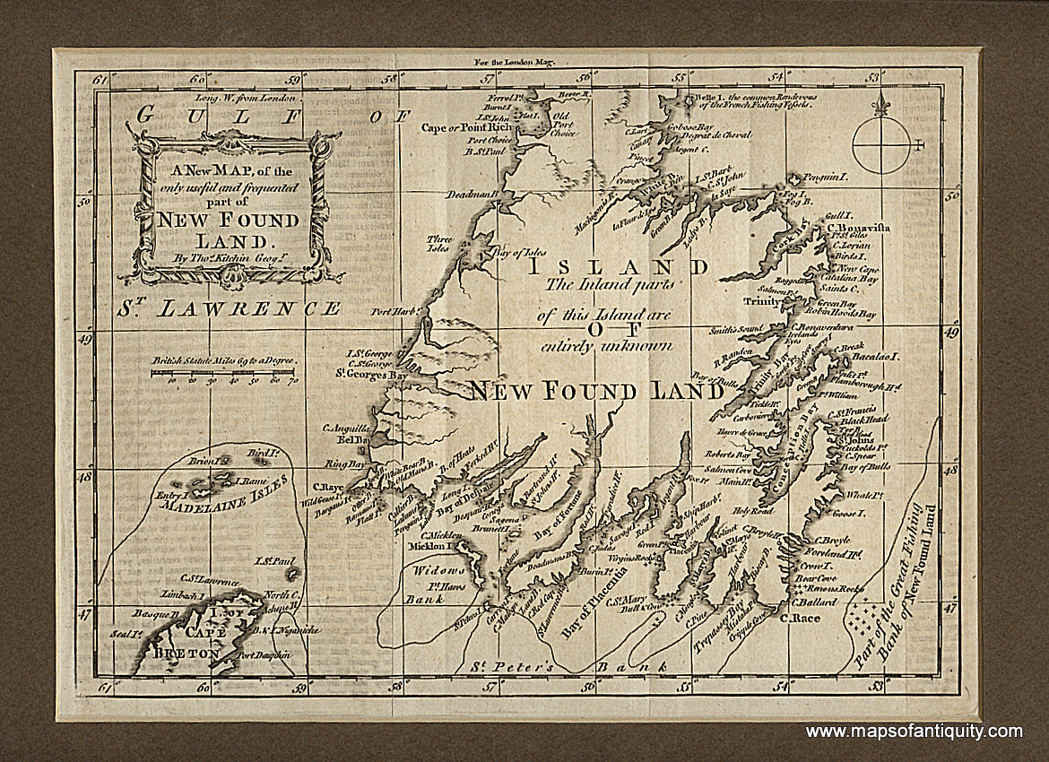 Black-and-White-Antique-Map-A-New-Map-of-the-only-useful-and-frequented-part-of-New-Foundland.**********-Canada--1762-Kitchin-Maps-Of-Antiquity