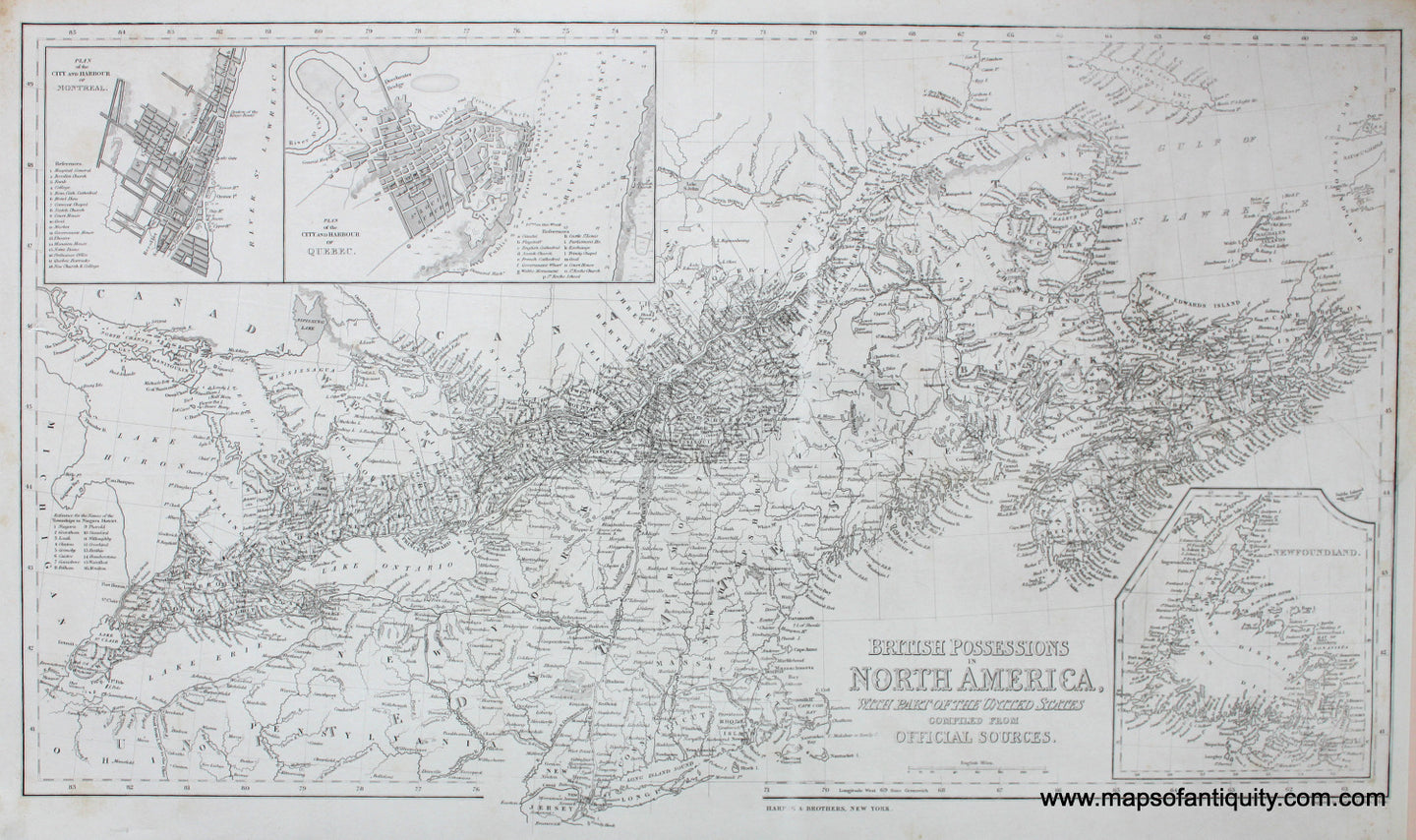 Black-and-White-Antique-Map-British-Possessions-in-North-America-with-part-of-the-United-States-compiled-from-Official-Sources.-******-Canada-Northeast-General-1843-Harper-&-Brothers-Maps-Of-Antiquity