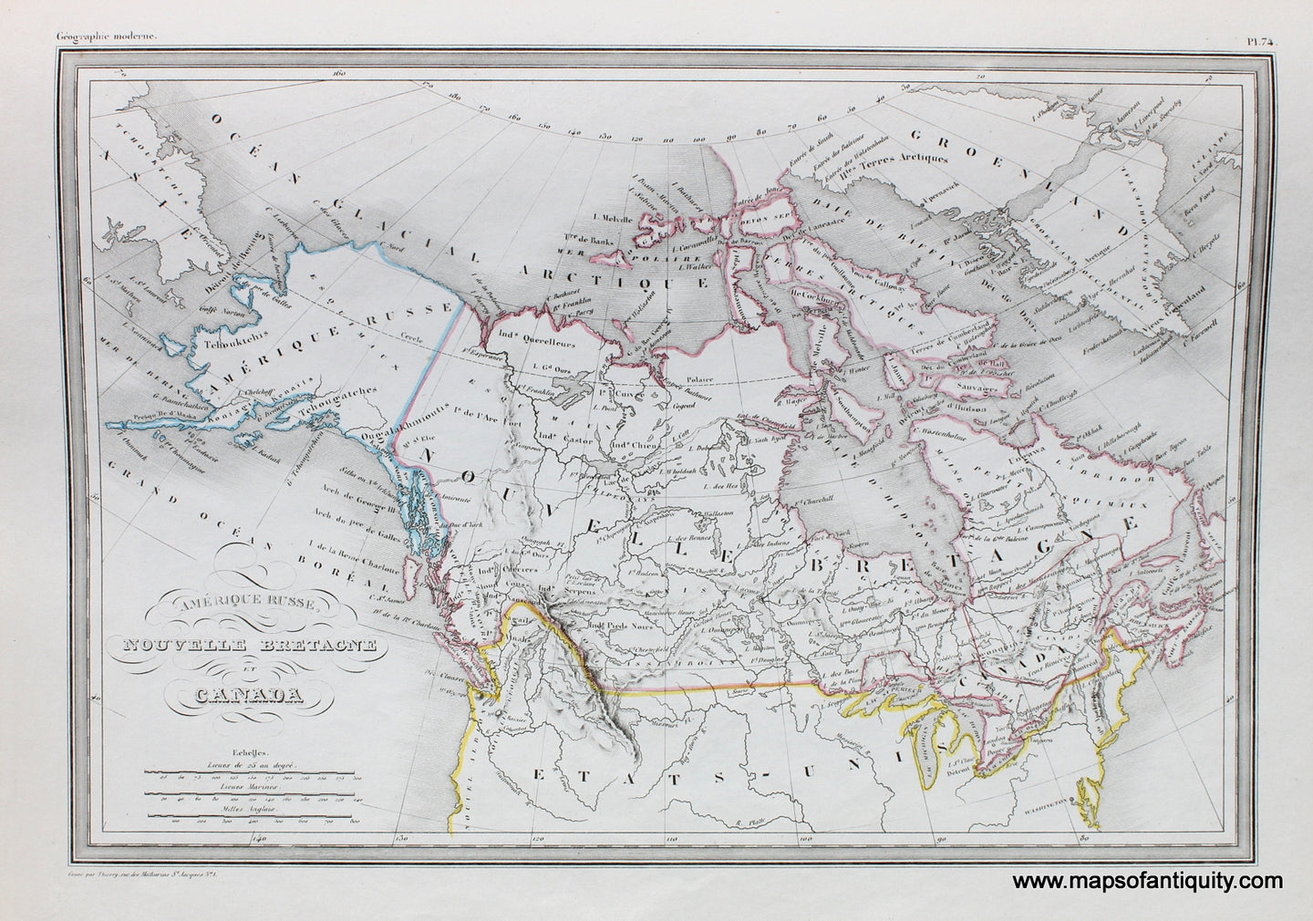 Antique-Hand-Colored-Map-Amerique-Russe-Nouvelle-Bretagne-et-Canada.---1842-Malte-Brun-Maps-Of-Antiquity