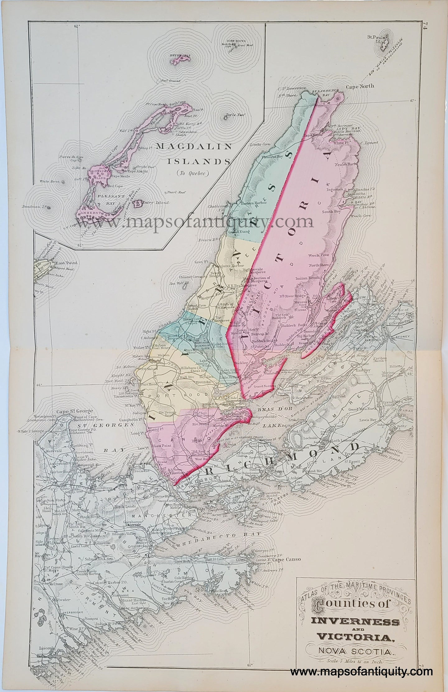 Antique-Hand-Colored-Map-Counties-of-Inverness-and-Victoria-Nova-Scotia-North-America-Canada-1879-Roe-Maps-Of-Antiquity