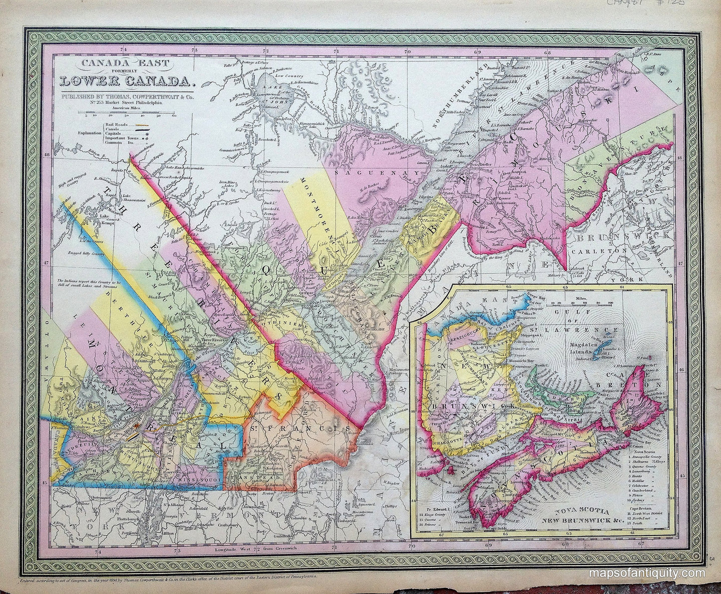 Antique-Hand-Colored-Map-Canada-East-Formerly-Lower-Canada.-**********-North-America-Canada-1850-Mitchell/Cowperthwait-Desilver-&-Butler-Maps-Of-Antiquity