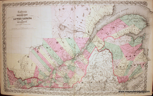 Antique-Hand-Colored-Map-Colton's-Canada-East-or-Lower-Canada-and-New-Brunswick-Canada--1865-Colton-Maps-Of-Antiquity