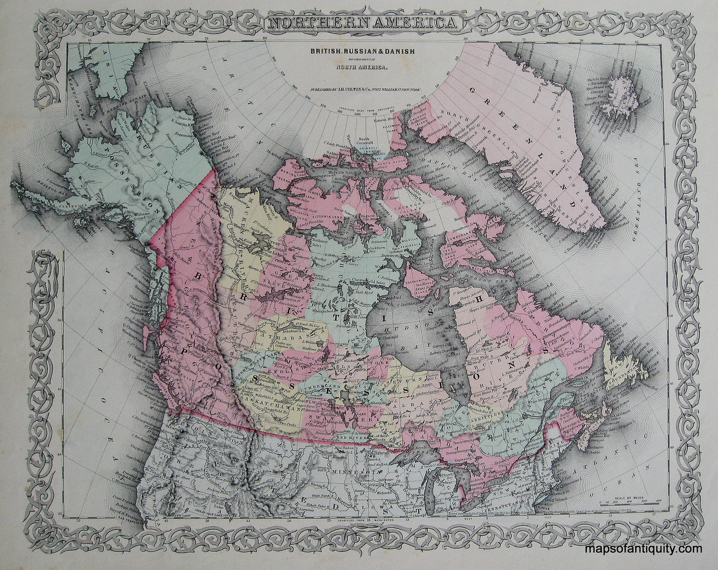 Antique-Hand-Colored-Map-Northern-America-British-Russian-and-Danish-Possessions-in-North-America-Canada--1855-Colton-Maps-Of-Antiquity