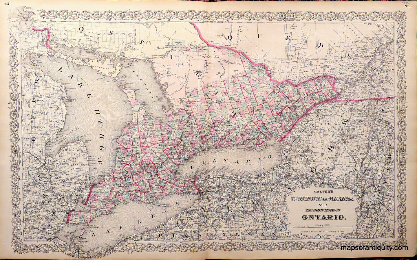 Antique-Hand-Colored-Map-Colton's-Dominion-of-Canada-No.-2-The-Province-of-Ontario.-Canada--1871-Colton-Maps-Of-Antiquity