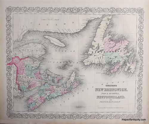 Antique-Hand-Colored-Map-Colton's-New-Brunswick-Nova-Scotia-Newfoundland-and-Prince-Edward-Island-Canada-Nova-Scotia-c.-1880-Colton-Maps-Of-Antiquity